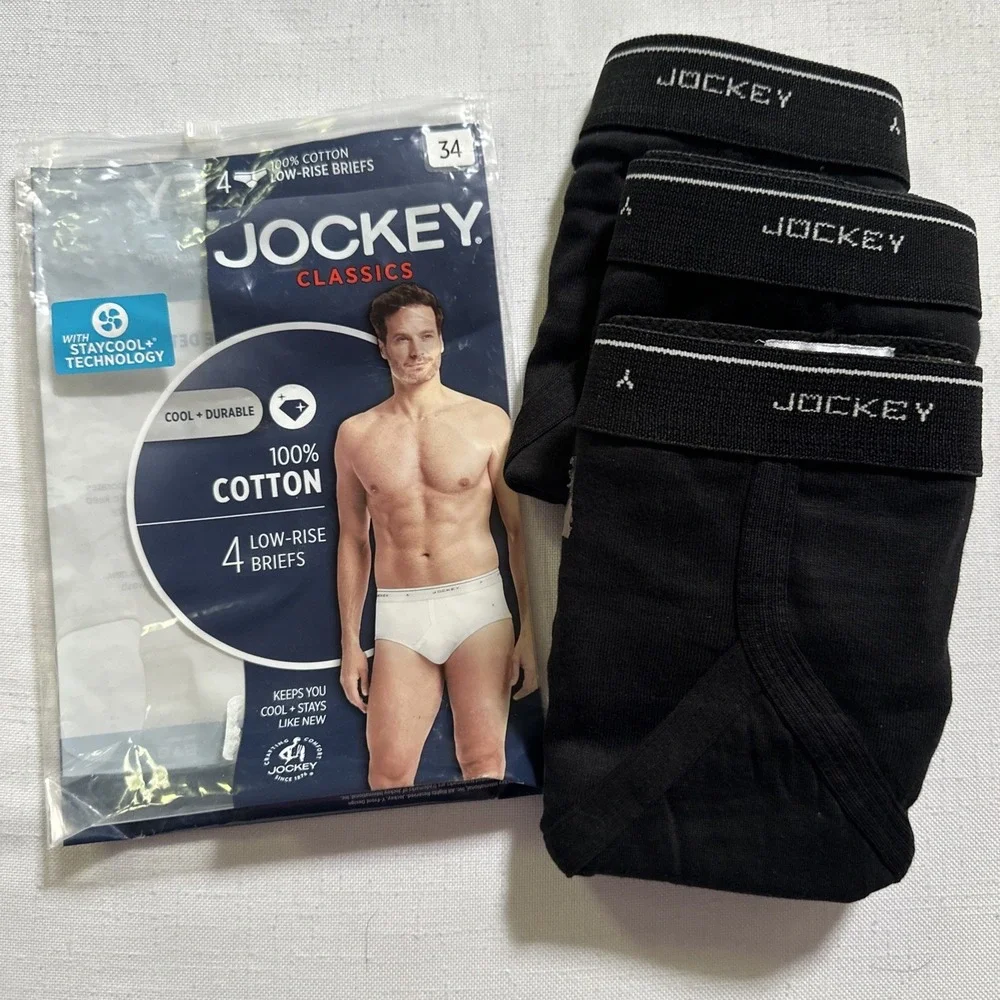 Men's 3 Pairs Jockey Classic Collection Low-Rise Briefs Black NIP 100% Cotton 34